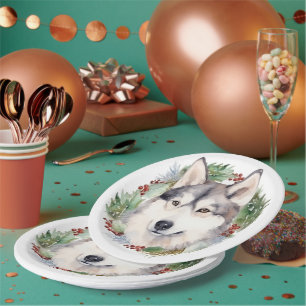 Siberian Husky Christmas Wreath Festive Pup Paper Plate