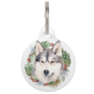 Siberian Husky Christmas Wreath Festive Pup Pet Tag