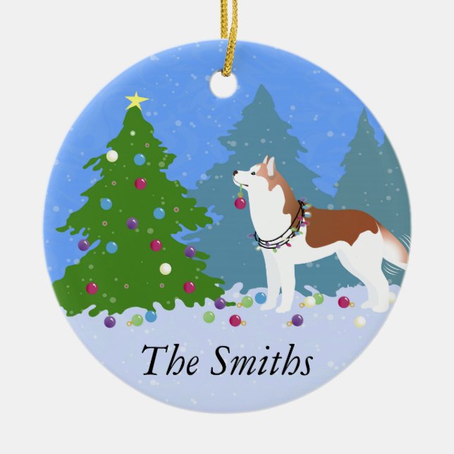 Siberian Husky Decorating Christmas Tree -Forest Ceramic Tree Decoration (Front)