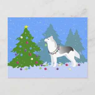 Siberian Husky Decorating Christmas Tree -Forest Holiday Postcard