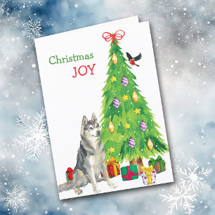 Siberian Husky Dog and Christmas Tree Holiday Card
