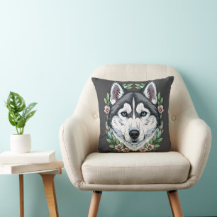 Siberian Husky Dog And Mountain Laurel Flowers  Cushion