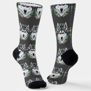 Siberian Husky Dog And Mountain Laurel Flowers  Socks