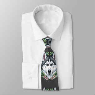 Siberian Husky Dog And Mountain Laurel Flowers Tie