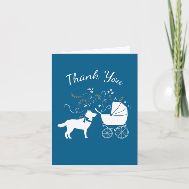 Siberian Husky Dog Baby Shower Puppy Blue Boy Thank You Card (Front)