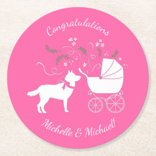Siberian Husky Dog Baby Shower Puppy Pink Girl Round Paper Coaster
