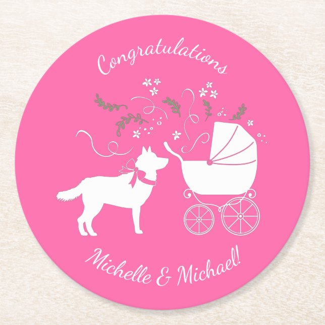 Siberian Husky Dog Baby Shower Puppy Pink Girl Round Paper Coaster (Front)