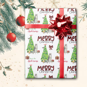 Siberian Husky Dog, Bird, and Christmas Tree Wrapping Paper