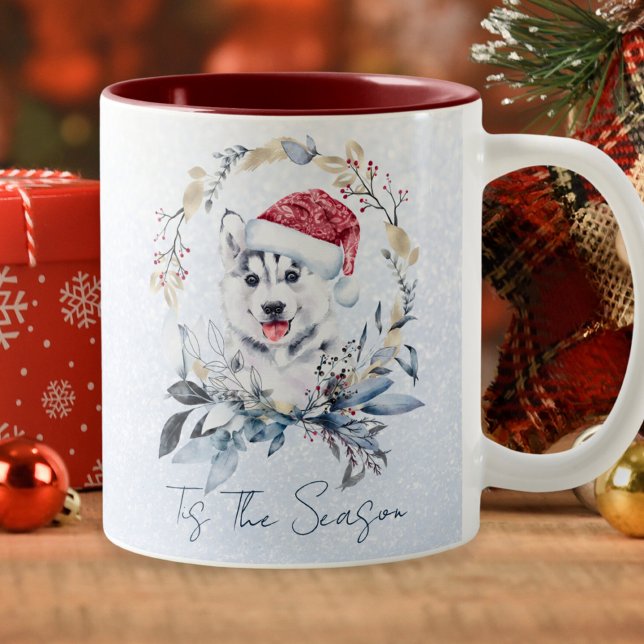 Siberian Husky Dog Blue Gold Wreath Christmas Two-Tone Coffee Mug (Creator Uploaded)