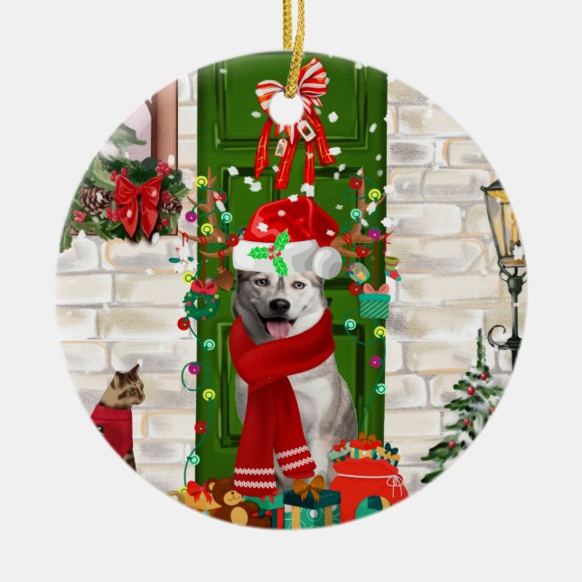 Siberian Husky Dog Christmas  Ceramic Tree Decoration (Front)