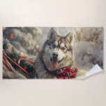 Siberian Husky Dog Christmas Festive Beach Towel<br><div class="desc">Perfect for dog lovers and dog moms. This festive theme captures the joy and spirit of the season, featuring playful and endearing canine illustrations adorned with holiday accents. Ideal as a gift for dog lovers, adding a charming touch to Christmas decor and presents. Celebrate the season with a design that...</div>