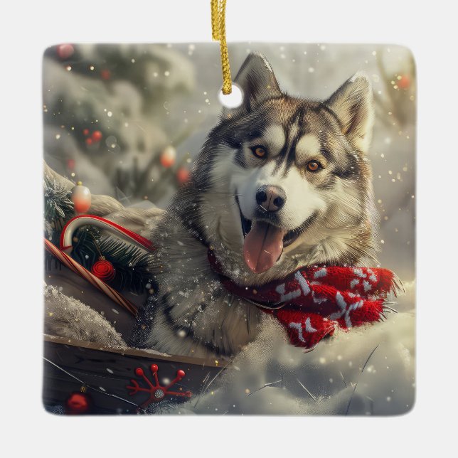 Siberian Husky Dog Christmas Festive Ceramic Ornament (Front)