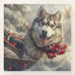 Siberian Husky Dog Christmas Festive Glass Coaster