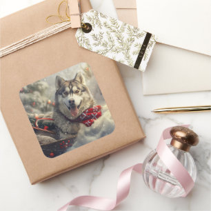 Siberian Husky Dog Christmas Festive Square Sticker