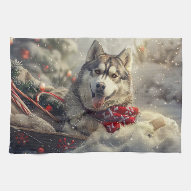 Siberian Husky Dog Christmas Festive Tea Towel (Horizontal)