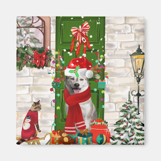 Siberian Husky Dog Christmas Magnet (Front)