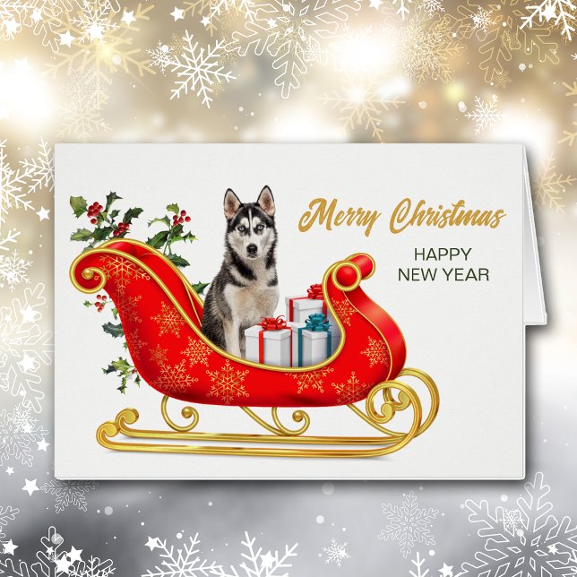 Siberian Husky Dog Christmas Sleigh Holiday Card (Creator Uploaded)