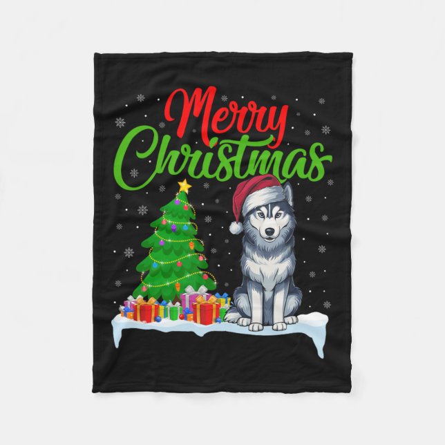 Siberian Husky Dog Christmas Tree Light Funny Xmas Fleece Blanket (Front)