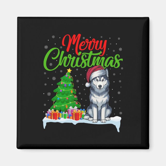 Siberian Husky Dog Christmas Tree Light Funny Xmas Magnet (Front)