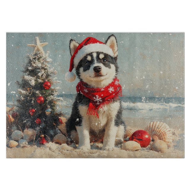 Siberian Husky Dog Christmas Vintage Beach Cutting Board (Front)