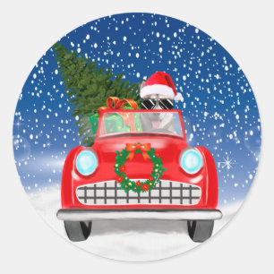 Siberian Husky Dog Driving Car In Snow Christmas   Classic Round Sticker