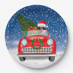 Siberian Husky Dog Driving Car In Snow Christmas Paper Plate