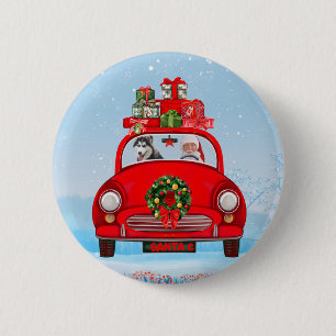 Siberian Husky Dog In Car With Santa Claus 6 Cm Round Badge