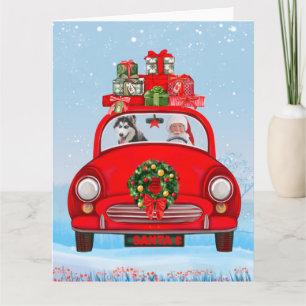 Siberian Husky Dog In Car With Santa Claus Card
