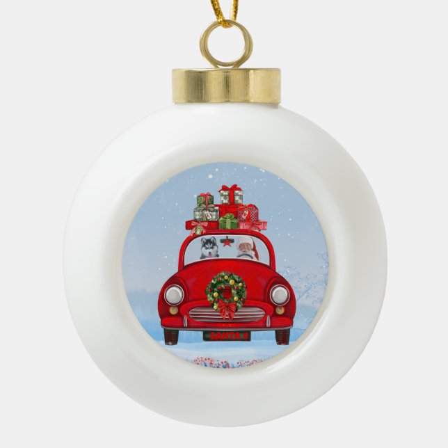 Siberian Husky Dog In Car With Santa Claus Ceramic Ball Christmas Ornament (Front)