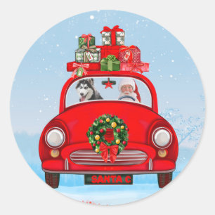 Siberian Husky Dog In Car With Santa Claus Classic Round Sticker