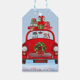 Siberian Husky Dog In Car With Santa Claus Gift Tags