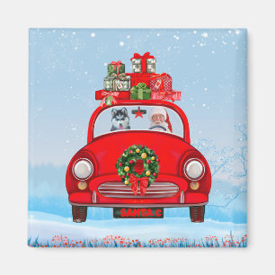 Siberian Husky Dog In Car With Santa Claus Magnet