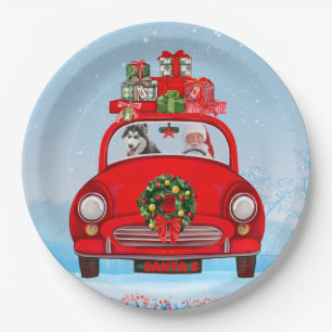 Siberian Husky Dog In Car With Santa Claus Paper Plate
