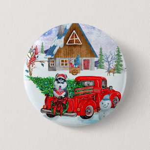 Siberian Husky Dog In Christmas Delivery Truck 6 Cm Round Badge