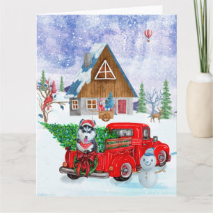 Siberian Husky Dog In Christmas Delivery Truck Card