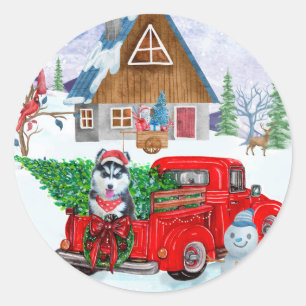 Siberian Husky Dog In Christmas Delivery Truck Classic Round Sticker