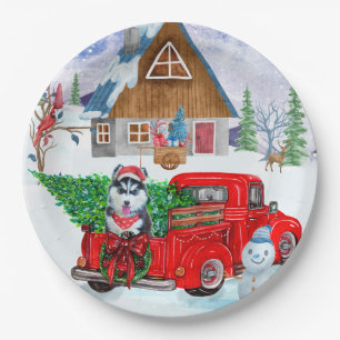 Siberian Husky Dog In Christmas Delivery Truck  Paper Plate