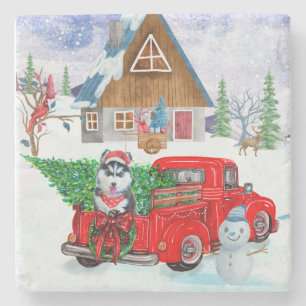 Siberian Husky Dog In Christmas Delivery Truck Stone Coaster