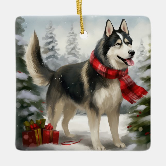 Siberian Husky Dog in Snow Christmas Ceramic Ornament (Front)