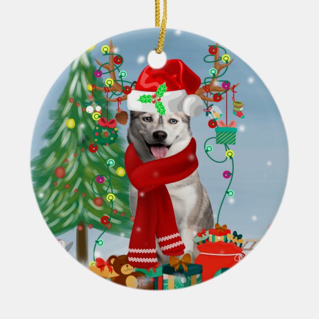 Siberian Husky Dog in Snow Christmas  Ceramic Tree Decoration (Front)