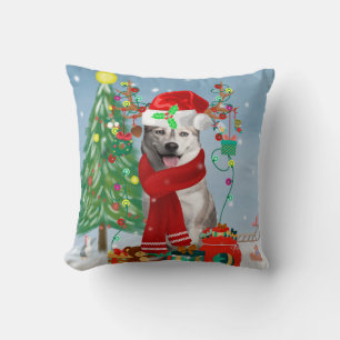 Siberian Husky Dog in Snow Christmas Cushion