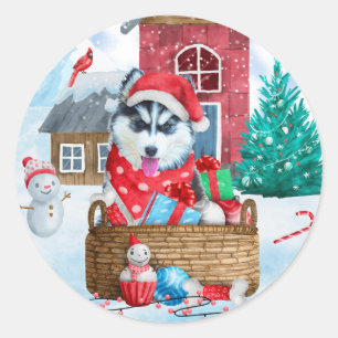Siberian Husky Dog In snow Christmas Dog House Classic Round Sticker