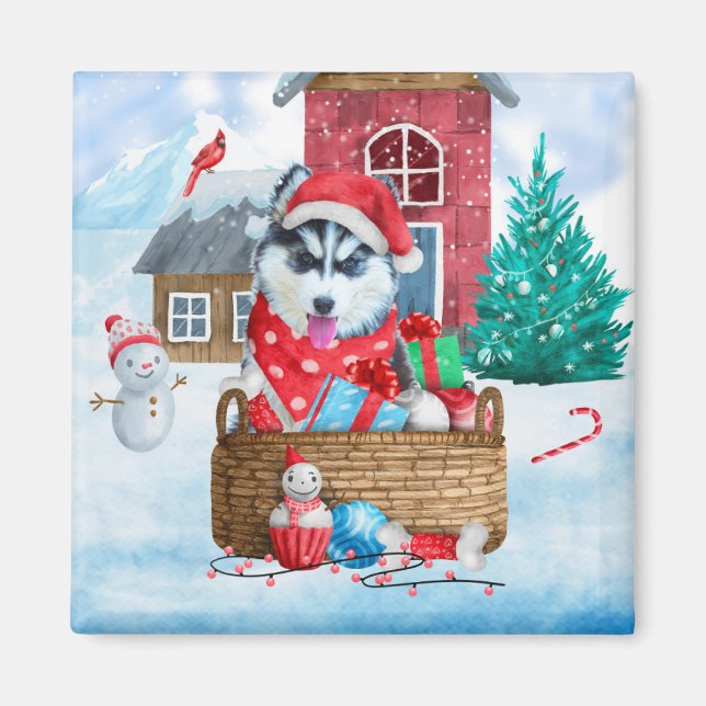 Siberian Husky Dog In snow Christmas Dog House Magnet (Front)