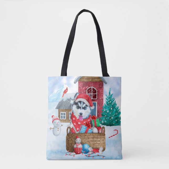 Siberian Husky Dog In snow Christmas Dog House Tote Bag (Front)