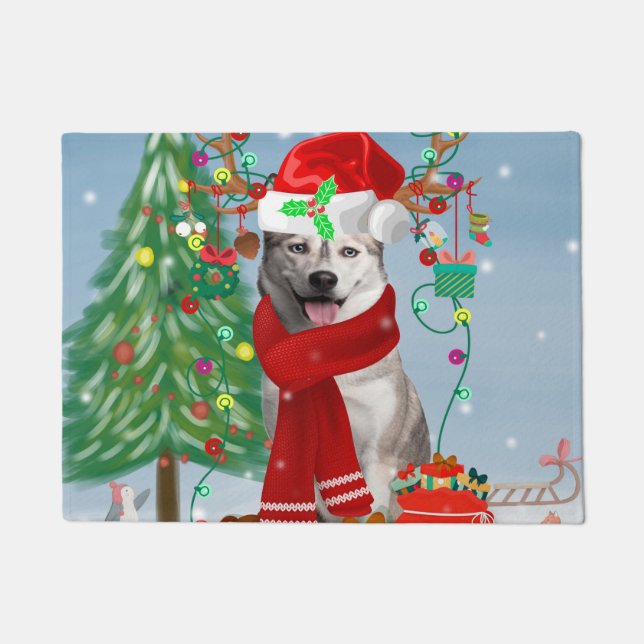 Siberian Husky Dog in Snow Christmas  Doormat (Front)