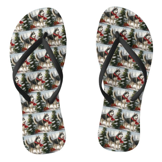 Siberian Husky Dog in Snow Christmas Jandals (Footbed)