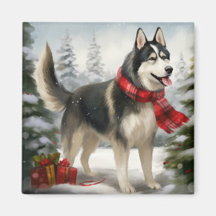 Siberian Husky Dog in Snow Christmas Magnet