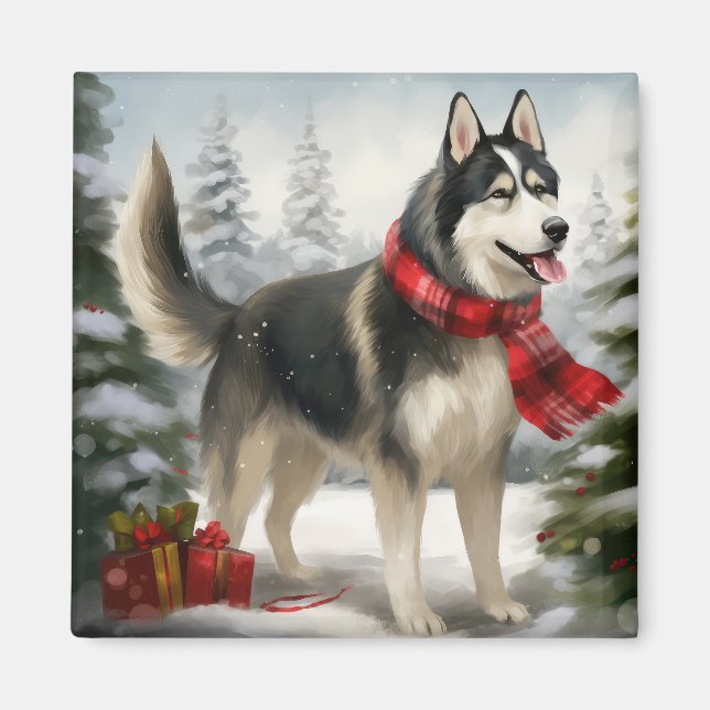 Siberian Husky Dog in Snow Christmas Magnet (Front)