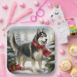 Siberian Husky Dog in Snow Christmas Paper Plate