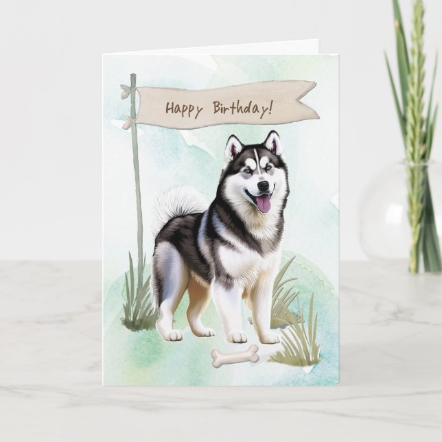 Siberian Husky Dog Outdoors Under Birthday Sign Card (Front)